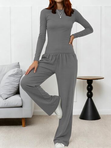2PCS Women’s Pajama Lounge Set, Casual Long Sleeve Top and Wide Leg Pants for Home Comfort and Fall Winter Sleepwear in Saudi Arabia