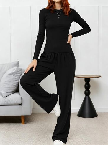 2PCS Women’s Pajama Lounge Set, Casual Long Sleeve Top and Wide Leg Pants for Home Comfort and Fall Winter Sleepwear in Saudi Arabia