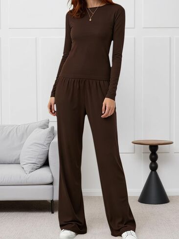 2PCS Women’s Pajama Lounge Set, Casual Long Sleeve Top and Wide Leg Pants for Home Comfort and Fall Winter Sleepwear in Saudi Arabia