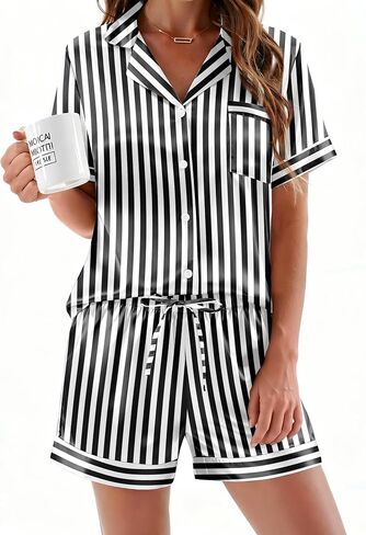 Ekouaer Womens Silk Satin Pajama Sets 2 Piece Short Sleeve Sleepwear Button Down Top and Shorts Striped Pjs Lounge Sets S-XXL in Saudi Arabia