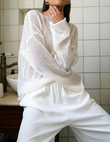 Women Oversized Sheer Mesh Knit Sweater Tops Lightweight Y2K Summer Loose Long Sleeve Pullover Shirt Beach in Saudi Arabia
