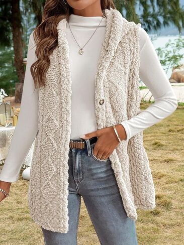 Women's Button Down Fleece Hooded Outerwear Vests Sleeveless Cardigan Coat Fall Winter Clothes in Saudi Arabia