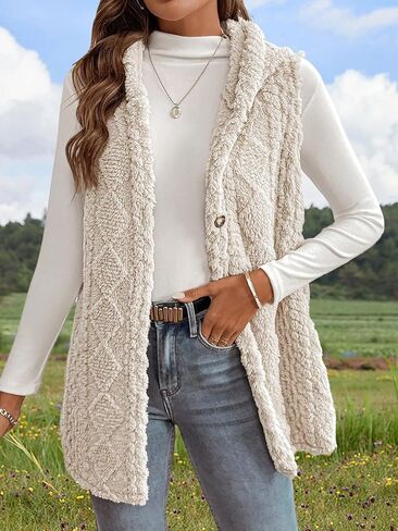 Women's Button Down Fleece Hooded Outerwear Vests Sleeveless Cardigan Coat Fall Winter Clothes in Saudi Arabia