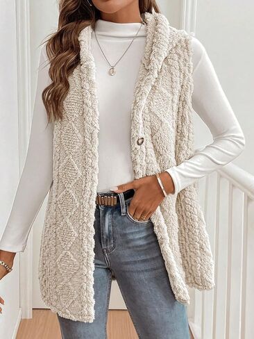 Women's Button Down Fleece Hooded Outerwear Vests Sleeveless Cardigan Coat Fall Winter Clothes in Saudi Arabia
