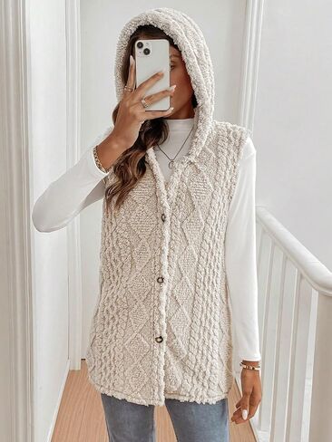 Women's Button Down Fleece Hooded Outerwear Vests Sleeveless Cardigan Coat Fall Winter Clothes in Saudi Arabia