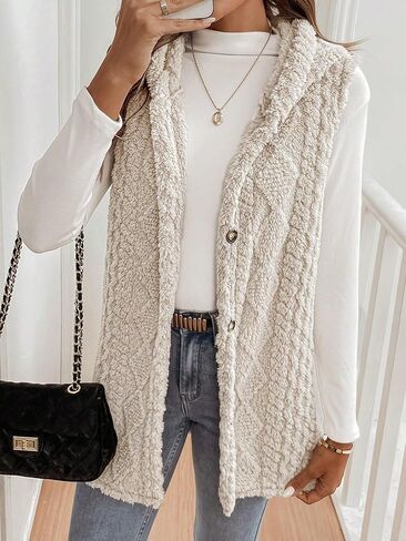 Women's Button Down Fleece Hooded Outerwear Vests Sleeveless Cardigan Coat Fall Winter Clothes in Saudi Arabia