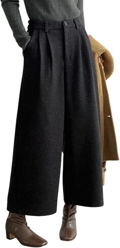 chouyatou Women's Fall Winter Wool Culottes Cropped Pants Elastic High Waisted Loose Wide Leg Palazzo in Saudi Arabia