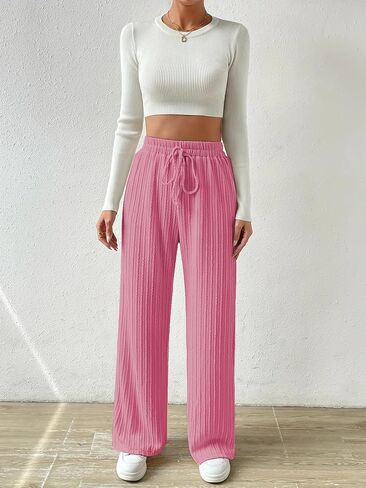 Women’s Wide Leg Pants - High Waist Drawstring Elastic Waistband Pleated Casual Loose Trousers in Saudi Arabia