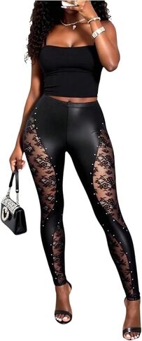 MakeMeChic Women's PU Leather Rivet Studded Pants Floral Lace Elastic Waist Party Trousers in Kuwait