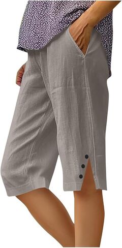 Linen Bermuda Shorts for Women Knee Length 2026 Summer Casual Elastic Waisted Shorts with Pockets Travel Lounge Pant in Kuwait