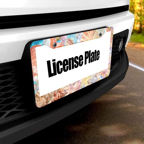 HOSNYE Ocean Sea Shells إطار لوحة ترخيص الشاطئ، خلفية صيفية، غطاء لوحة ترخيص معدني، إطارات أمامية، إطار علامة السيارة للنساء والرجال، مركبات أمريكية قياسية in Kuwait