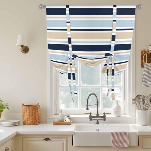 Navy Blue Khaki Striped Tie Up Curtains for Window, Farmhouse Stripes Modern Abstract Art Thermal Insulated Balloon Shade Rod Pocket Curtains Valance Panels for Kitchen Bathroom Café 42'' x 63'' in Saudi Arabia