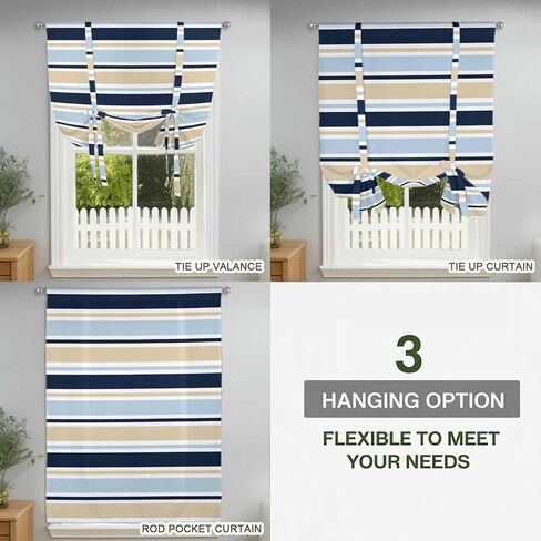 Navy Blue Khaki Striped Tie Up Curtains for Window, Farmhouse Stripes Modern Abstract Art Thermal Insulated Balloon Shade Rod Pocket Curtains Valance Panels for Kitchen Bathroom Café 42'' x 63'' in Saudi Arabia