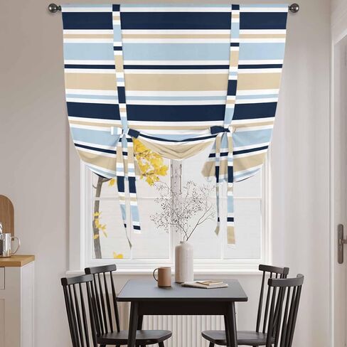 Navy Blue Khaki Striped Tie Up Curtains for Window, Farmhouse Stripes Modern Abstract Art Thermal Insulated Balloon Shade Rod Pocket Curtains Valance Panels for Kitchen Bathroom Café 42'' x 63'' in Saudi Arabia