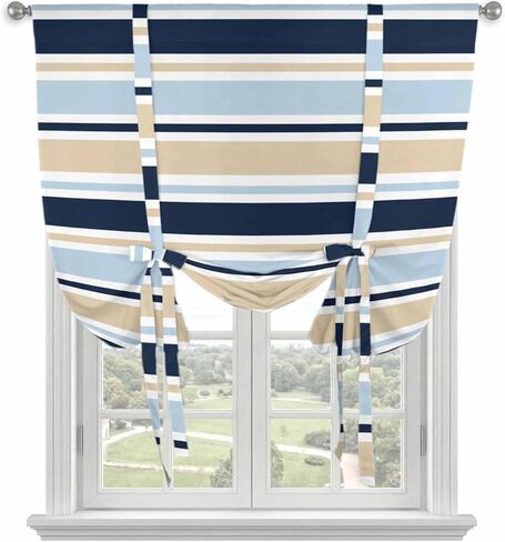 Navy Blue Khaki Striped Tie Up Curtains for Window, Farmhouse Stripes Modern Abstract Art Thermal Insulated Balloon Shade Rod Pocket Curtains Valance Panels for Kitchen Bathroom Café 42'' x 63'' in Saudi Arabia