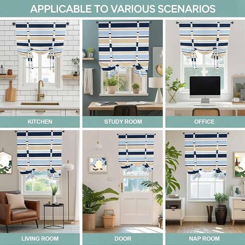 Navy Blue Khaki Striped Tie Up Curtains for Window, Farmhouse Stripes Modern Abstract Art Thermal Insulated Balloon Shade Rod Pocket Curtains Valance Panels for Kitchen Bathroom Café 42'' x 63'' in Saudi Arabia
