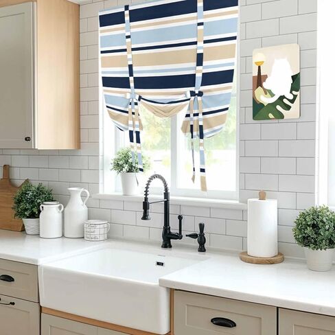 Navy Blue Khaki Striped Tie Up Curtains for Window, Farmhouse Stripes Modern Abstract Art Thermal Insulated Balloon Shade Rod Pocket Curtains Valance Panels for Kitchen Bathroom Café 42'' x 63'' in Saudi Arabia