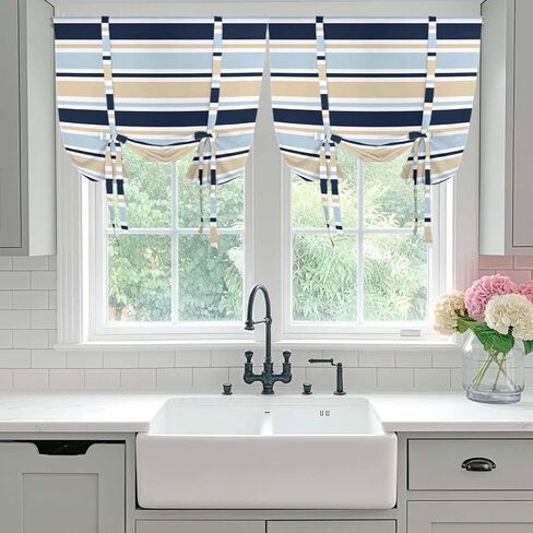 Navy Blue Khaki Striped Tie Up Curtains for Window, Farmhouse Stripes Modern Abstract Art Thermal Insulated Balloon Shade Rod Pocket Curtains Valance Panels for Kitchen Bathroom Café 42'' x 63'' in Saudi Arabia
