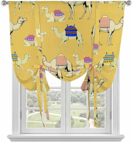 Yellow Camels Tie Up Curtains for Window, Modern Watercolor Cute Funny Animals Thermal Insulated Balloon Shade Adjustable Rod Pocket Curtains Valance Panels for Kitchen Bathroom Café 34'' x 45'' in Saudi Arabia