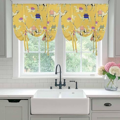 Yellow Camels Tie Up Curtains for Window, Modern Watercolor Cute Funny Animals Thermal Insulated Balloon Shade Adjustable Rod Pocket Curtains Valance Panels for Kitchen Bathroom Café 34'' x 45'' in Saudi Arabia