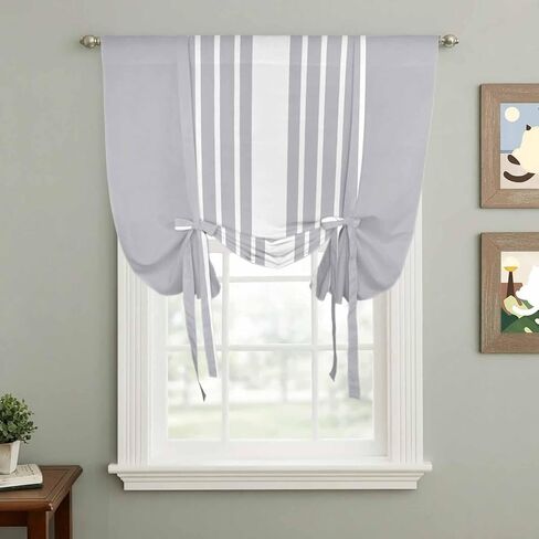 Light Grey Striped Tie Up Curtains for Window, White Simple Neutral Modern Thermal Insulated Balloon Shade Adjustable Rod Pocket Curtains Valance Panels for Kitchen Bathroom Café 52'' x 45'' in Saudi Arabia