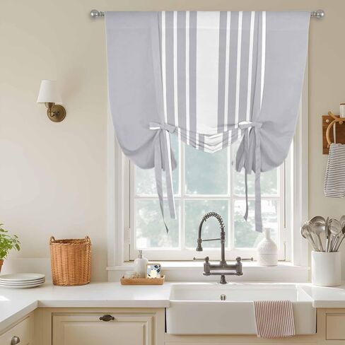 Light Grey Striped Tie Up Curtains for Window, White Simple Neutral Modern Thermal Insulated Balloon Shade Adjustable Rod Pocket Curtains Valance Panels for Kitchen Bathroom Café 52'' x 45'' in Saudi Arabia