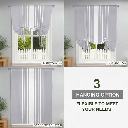 Light Grey Striped Tie Up Curtains for Window, White Simple Neutral Modern Thermal Insulated Balloon Shade Adjustable Rod Pocket Curtains Valance Panels for Kitchen Bathroom Café 52'' x 45'' in Saudi Arabia