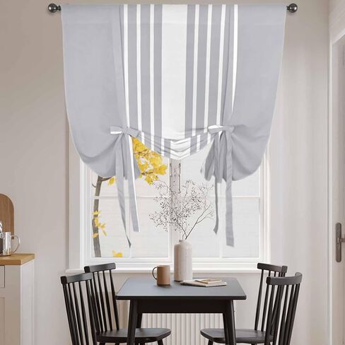 Light Grey Striped Tie Up Curtains for Window, White Simple Neutral Modern Thermal Insulated Balloon Shade Adjustable Rod Pocket Curtains Valance Panels for Kitchen Bathroom Café 52'' x 45'' in Saudi Arabia