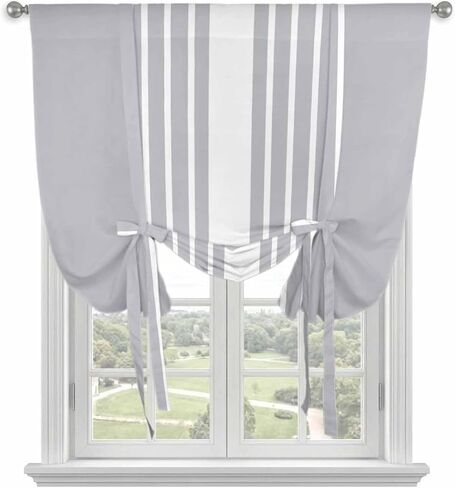 Light Grey Striped Tie Up Curtains for Window, White Simple Neutral Modern Thermal Insulated Balloon Shade Adjustable Rod Pocket Curtains Valance Panels for Kitchen Bathroom Café 52'' x 45'' in Saudi Arabia