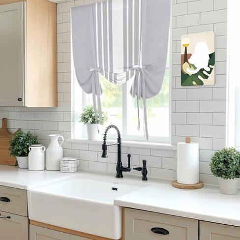 Light Grey Striped Tie Up Curtains for Window, White Simple Neutral Modern Thermal Insulated Balloon Shade Adjustable Rod Pocket Curtains Valance Panels for Kitchen Bathroom Café 52'' x 45'' in Saudi Arabia