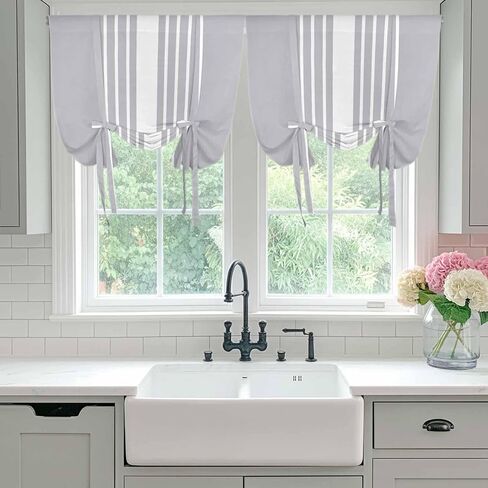 Light Grey Striped Tie Up Curtains for Window, White Simple Neutral Modern Thermal Insulated Balloon Shade Adjustable Rod Pocket Curtains Valance Panels for Kitchen Bathroom Café 52'' x 45'' in Saudi Arabia