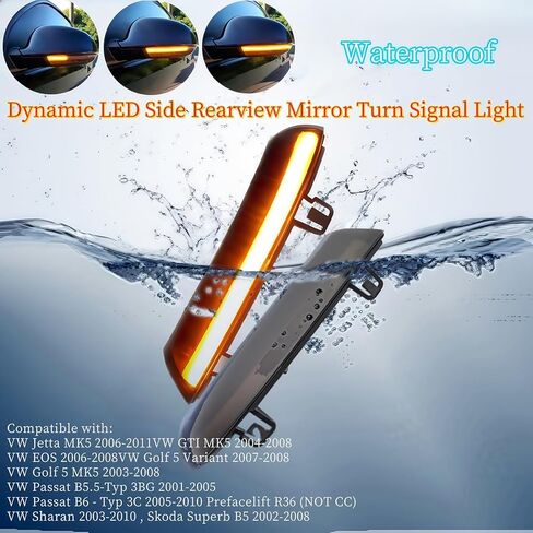 Sequential LED Side Mirror Turn Signal Lights Compatible with VW Golf 5 EOS GTI V Jetta MK5 Passat B5.5 B6 R36 Sharan Superb B5 R32 Rabbit Dynamic Indicator Mirror Marker Blinker Lamp,2PCS in Kuwait