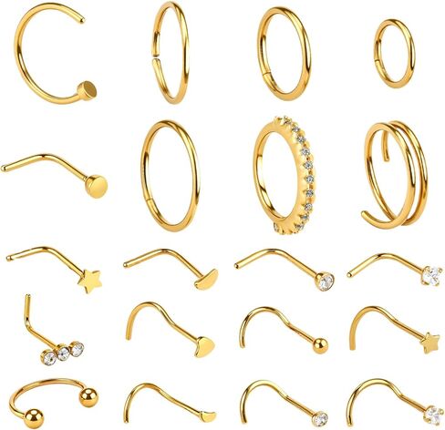 20Pcs 14K Gold Nose Ring Studs & Hoops- 20 Gauge Nose Ring Set - Gold Noses Piercing Jewelry for Women & Men in Saudi Arabia