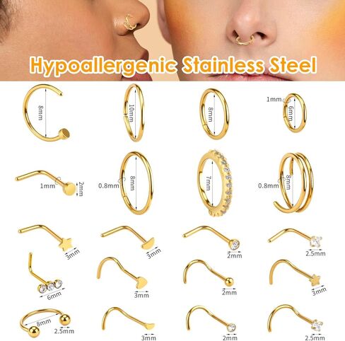 20Pcs 14K Gold Nose Ring Studs & Hoops- 20 Gauge Nose Ring Set - Gold Noses Piercing Jewelry for Women & Men in Saudi Arabia