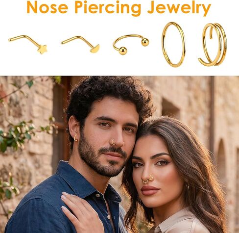 20Pcs 14K Gold Nose Ring Studs & Hoops- 20 Gauge Nose Ring Set - Gold Noses Piercing Jewelry for Women & Men in Saudi Arabia