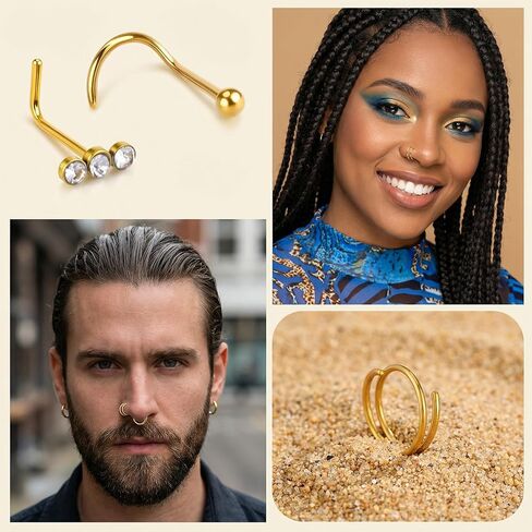 20Pcs 14K Gold Nose Ring Studs & Hoops- 20 Gauge Nose Ring Set - Gold Noses Piercing Jewelry for Women & Men in Saudi Arabia