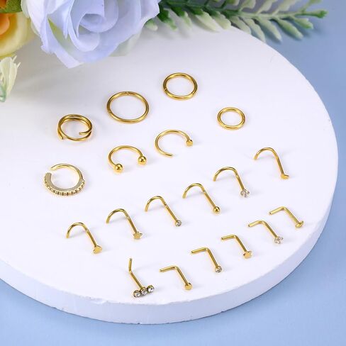 20Pcs 14K Gold Nose Ring Studs & Hoops- 20 Gauge Nose Ring Set - Gold Noses Piercing Jewelry for Women & Men in Saudi Arabia