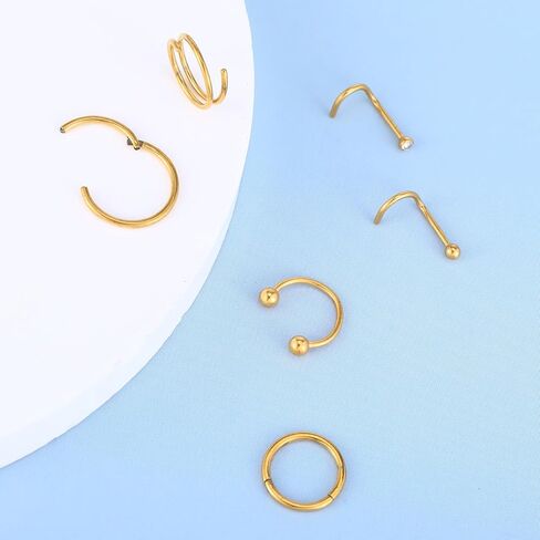 20Pcs 14K Gold Nose Ring Studs & Hoops- 20 Gauge Nose Ring Set - Gold Noses Piercing Jewelry for Women & Men in Saudi Arabia