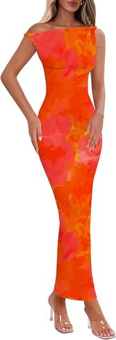 Lazysmile Summer Floral Maxi Dresses for Women One Shoulder Bodycon Mesh Elegant Formal Cocktail Wedding Guest Party Dress in Saudi Arabia