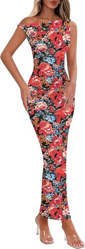 Lazysmile Summer Floral Maxi Dresses for Women One Shoulder Bodycon Mesh Elegant Formal Cocktail Wedding Guest Party Dress in Saudi Arabia