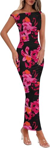 Lazysmile Summer Floral Maxi Dresses for Women One Shoulder Bodycon Mesh Elegant Formal Cocktail Wedding Guest Party Dress in Saudi Arabia