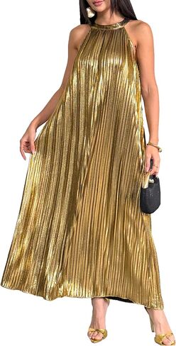 heipeiwa Women's Metallic Pleated Dresses Halter Neck Flowy Sleeveless Party Cocktail Nightclub Shiny Maxi Dress in Saudi Arabia