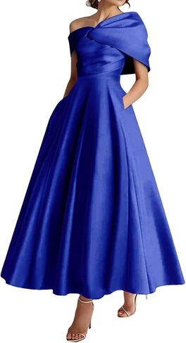 فستان أم العروس بكتف واحد من الساتان على شكل حرف A مطوي بطول الشاي مع فيونكة in Kuwait