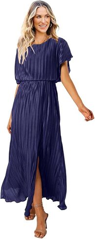 فساتين ماكسي صيفية للسيدات من CCTOO: فستان صيفي كاجوال بأكمام قصيرة وفتحة رقبة مستديرة ومكشكش ومطوي طويل لحفلات الكوكتيل in Kuwait