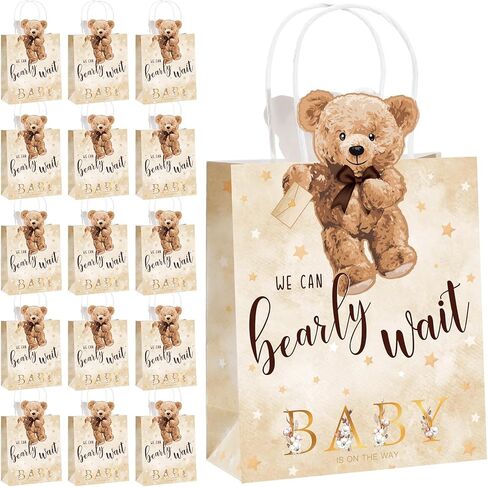 Tinlade 16 Pcs Bear Baby Shower Bags Bear Paper Gift Bags with Handles We Can Bearly Wait Baby Shower Party Favors Decorations for Birthday Party Wedding Games Prizes in Saudi Arabia