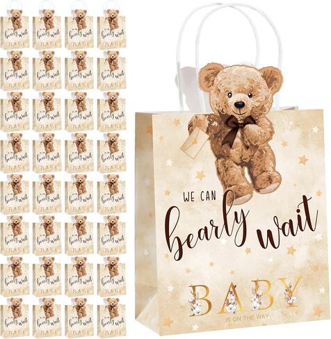 Tinlade 16 Pcs Bear Baby Shower Bags Bear Paper Gift Bags with Handles We Can Bearly Wait Baby Shower Party Favors Decorations for Birthday Party Wedding Games Prizes in Saudi Arabia