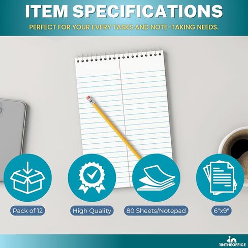 1InTheOffice Steno Pads Spiral 6x9، لوحة ملاحظات حلزونية، مسطرة Gregg، أبيض، 80 ورقة/وسادة، (12) (12) in Saudi Arabia
