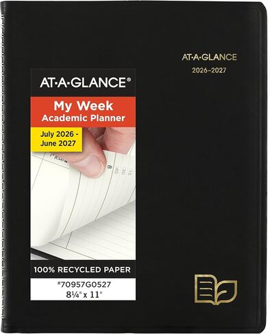AT-A-GLANCE Planner 2026-2027 Weekly & Monthly Academic 12-Month July-June Quarter-Hourly Appointment Book, 8-1/4" x 11", Recycled, Black (70957G05) in Saudi Arabia