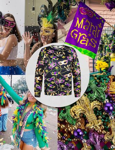 سويت شيرت نسائي من Mardi Gras بأكمام طويلة وقناع باللون الأرجواني الذهبي والأخضر in Kuwait