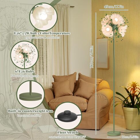 مصباح أرضي على شكل زهرة لغرفة المعيشة، مصباح أرضي كريستالي طويل مع 6 مصابيح LED، مصابيح أرضية على شكل زهور خضراء مع 3 درجات حرارة ألوان، مصباح قائم حديث مشرق لغرفة النوم، ديكور المنزل المكتبي in Kuwait